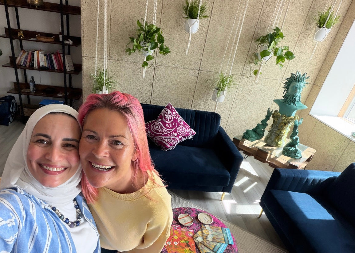 Samra Knots maker with Harmonic Haven owner after completing the macrame installation