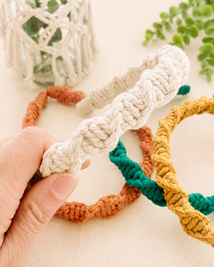 Close-up of spiral knot detail on handmade macrame headband