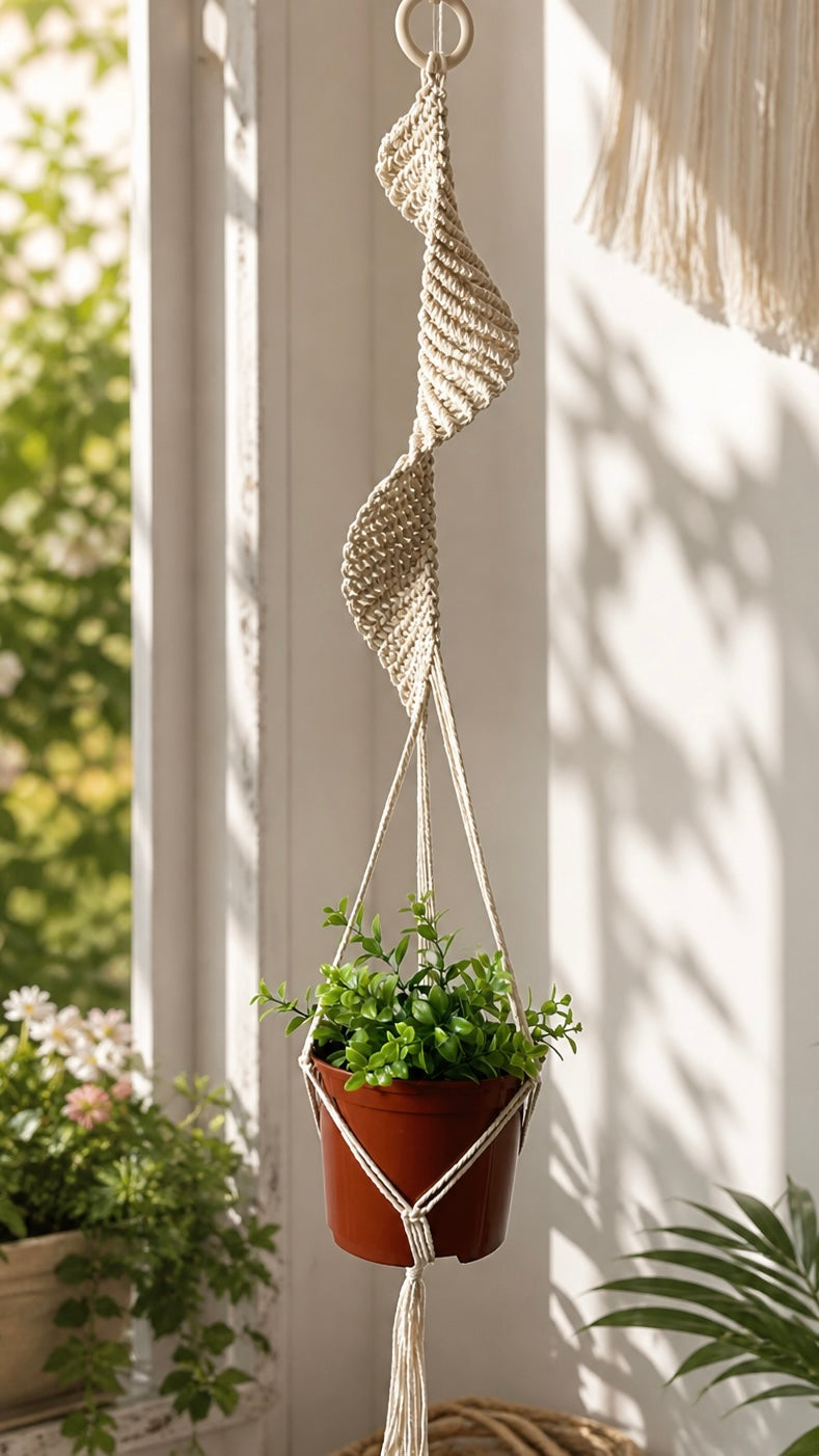 Statement macrame hanging planter with indoor plant styled in a bright boho home