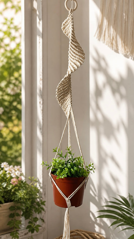 Statement macrame hanging planter with indoor plant styled in a bright boho home