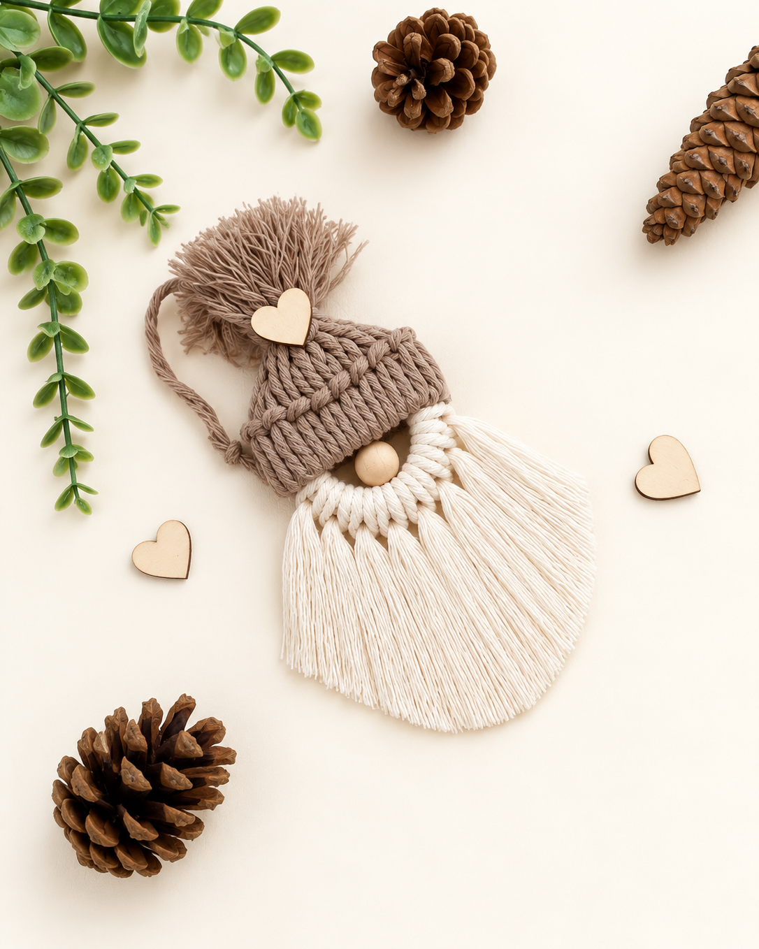 Handmade taupe macrame gnome Christmas ornament