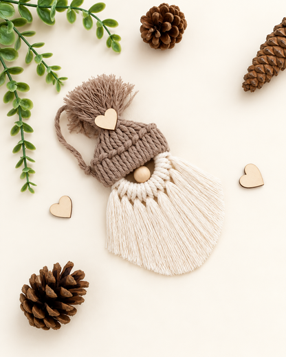 Handmade taupe macrame gnome Christmas ornament