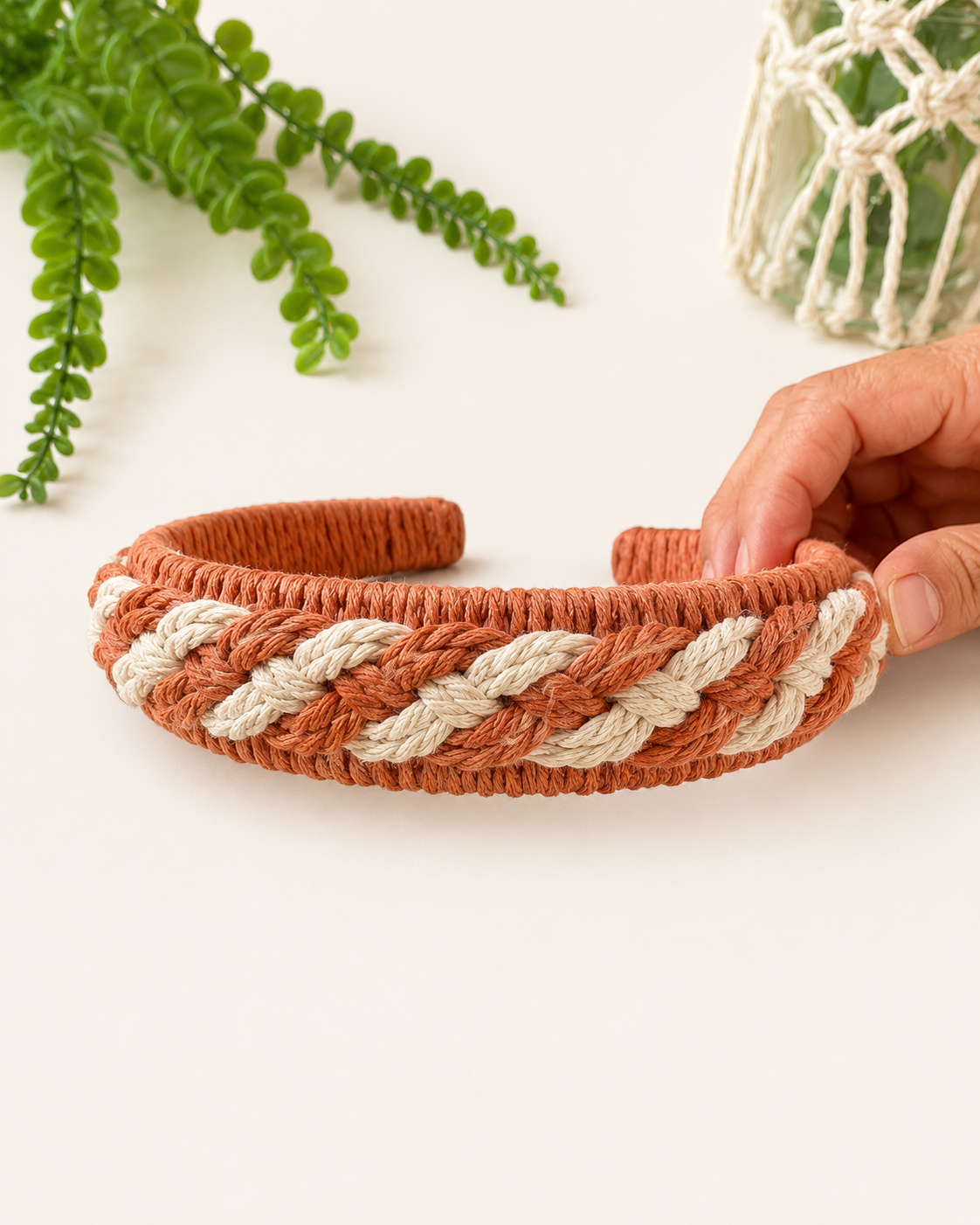 Handmade terracotta and off-white braided macrame headband