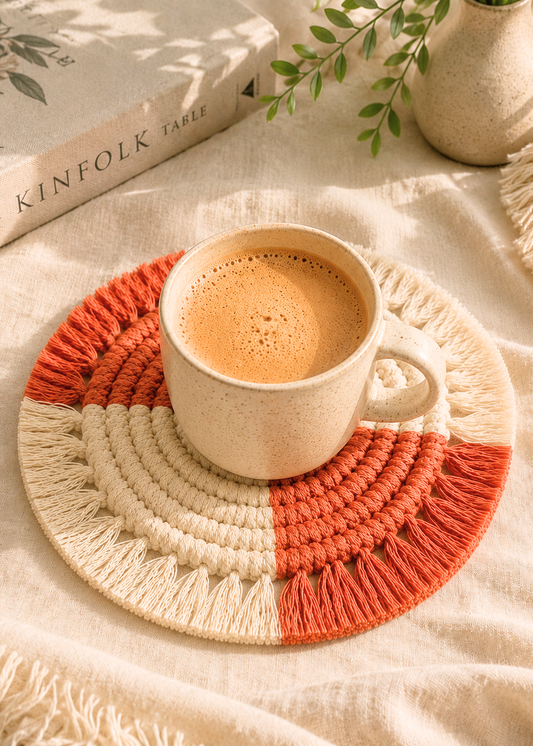Handmade terracotta and off white macramé coaster with a ceramic coffee mug in a cozy boho setting.