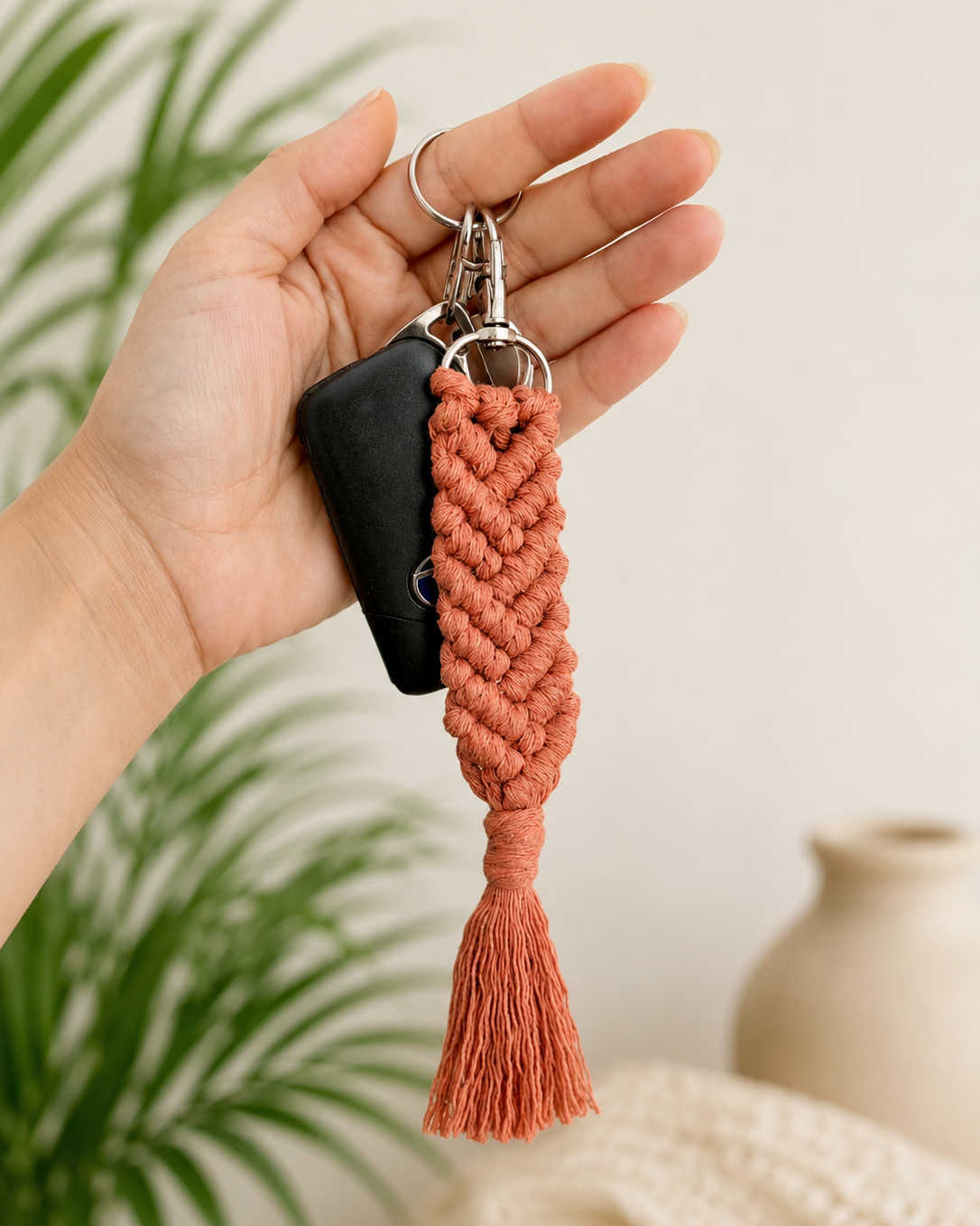 Hand holding a terracotta macrame keychain attached to car keys with tassel detail and boho style.
