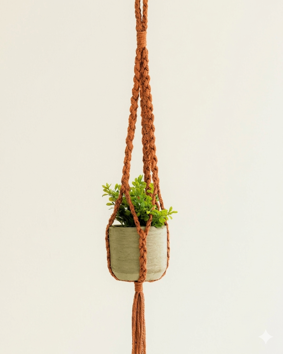 Handmade macramé plant hanger in terracotta, hanging on a light background with a concrete pot and green plant – boho home décor style
