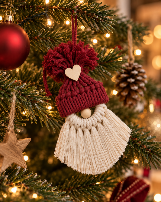 Burgundy macrame gnome ornament hanging on a Christmas tree