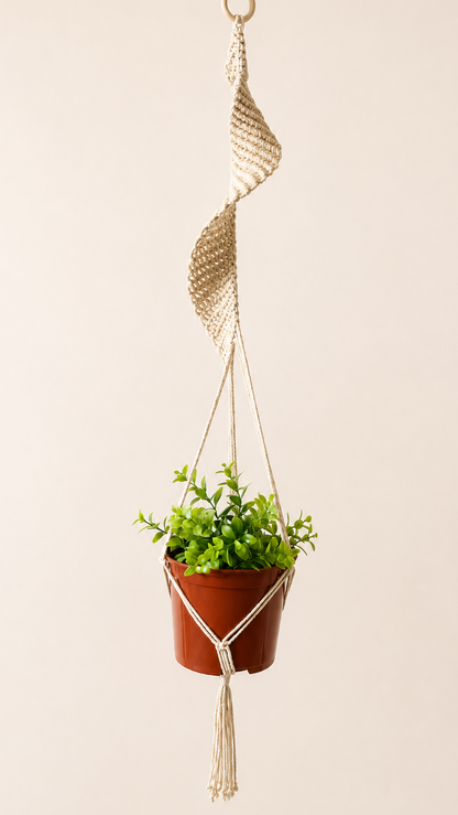 Off white twisted macrame plant hanger handmade from cotton cord for boho home decor