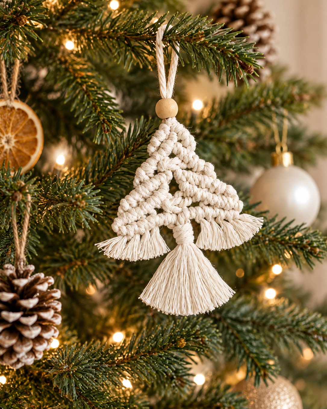 White handmade macrame Christmas tree ornament hanging on a festive Christmas tree